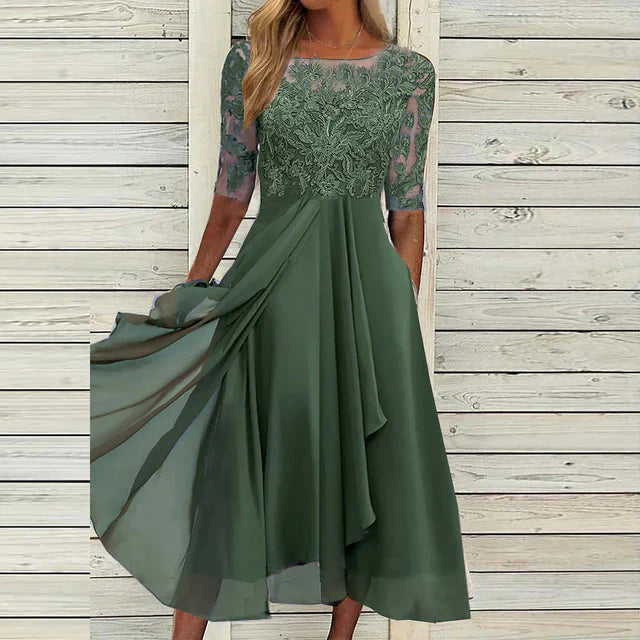 Dorthe | Stilig Midi Kjole Med Blondebroderi - Freya Kobenhavn