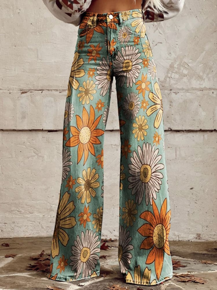 Charline | Slåbukser med Retro Blomstermønster