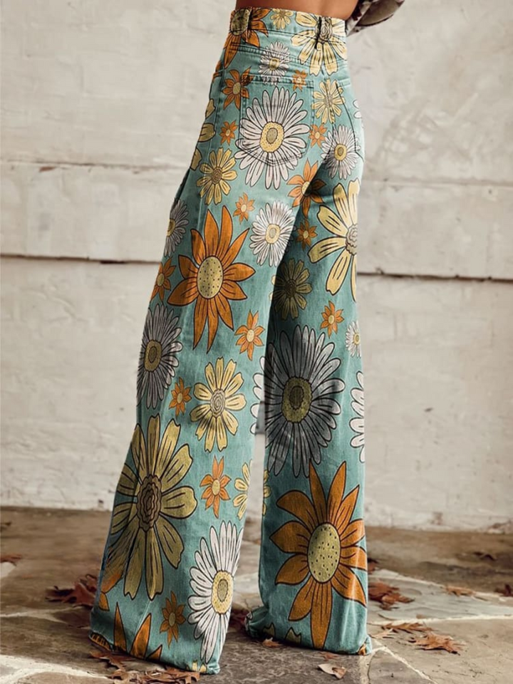 Charline | Slåbukser med Retro Blomstermønster