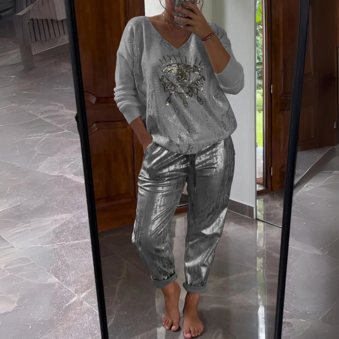 Annika | Dame Metallic Bukser Og Top Sæt Med Grafikdesign - Freya Kobenhavn