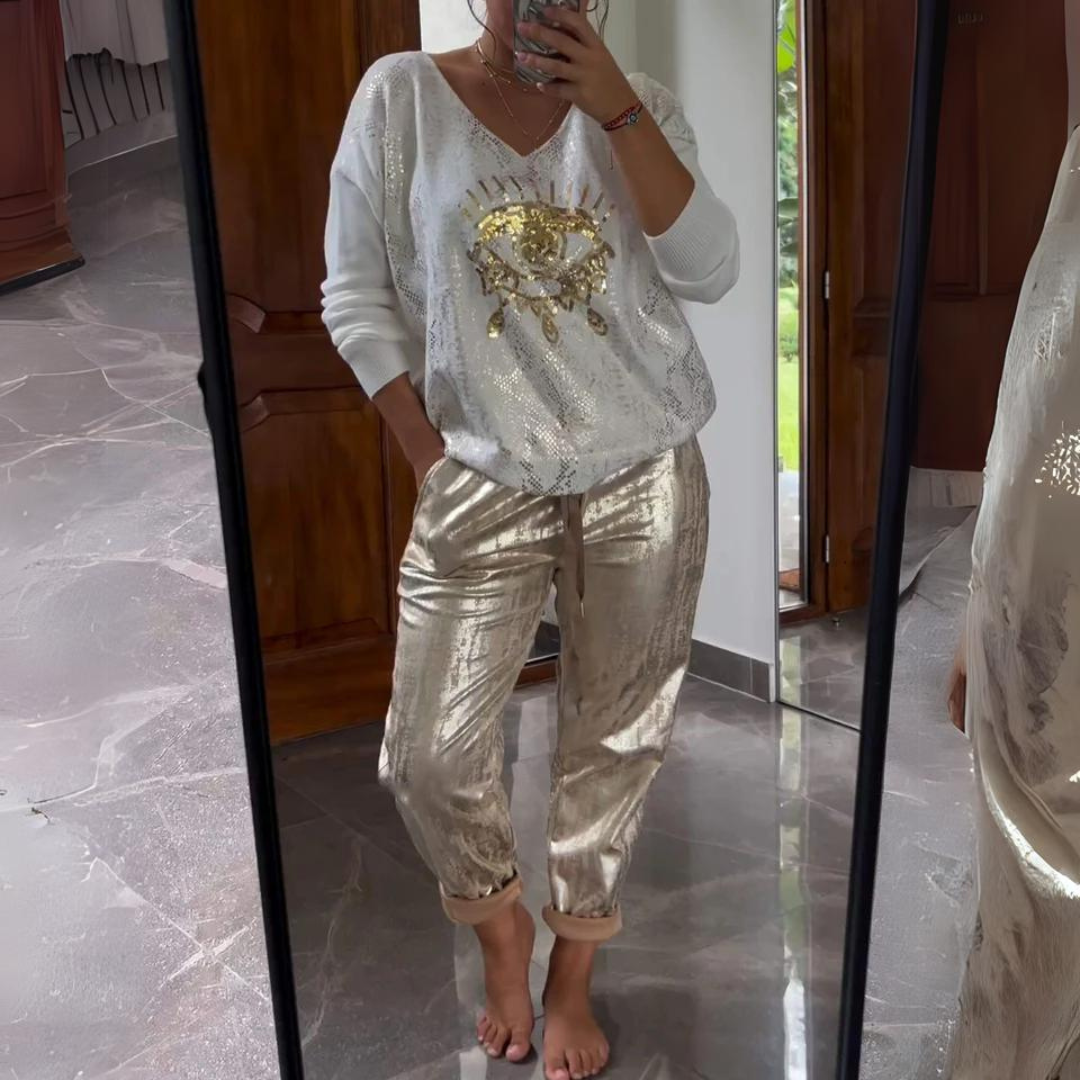 Annika | Dame Metallic Bukser Og Top Sæt Med Grafikdesign - Freya Kobenhavn