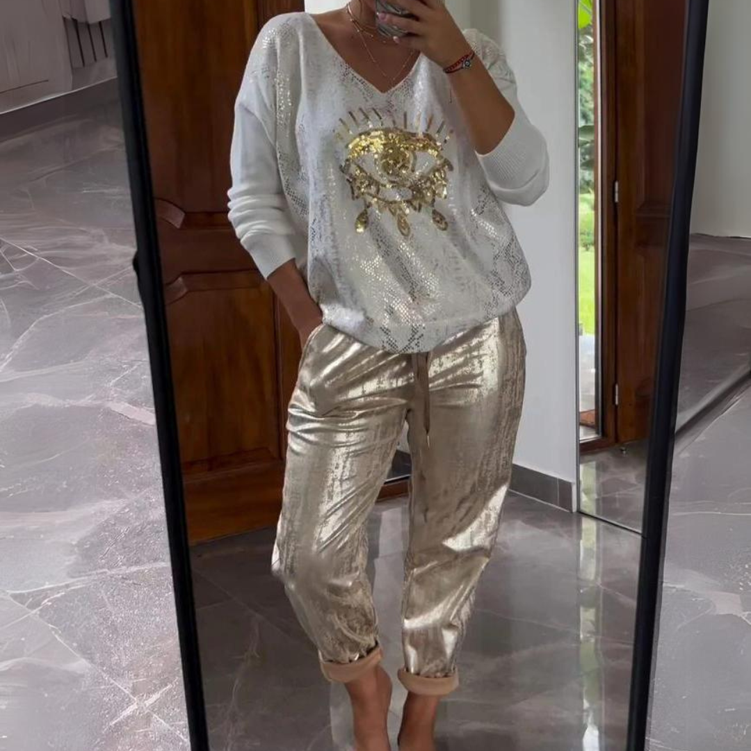 Annika | Dame Metallic Bukser Og Top Sæt Med Grafikdesign - Freya Kobenhavn
