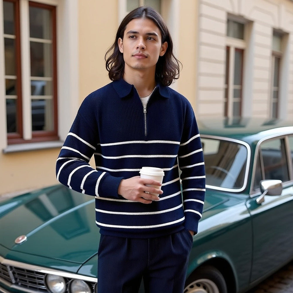 Erik | Herresweater med Stribet Lynlås og Ribkrave - Freya Kobenhavn