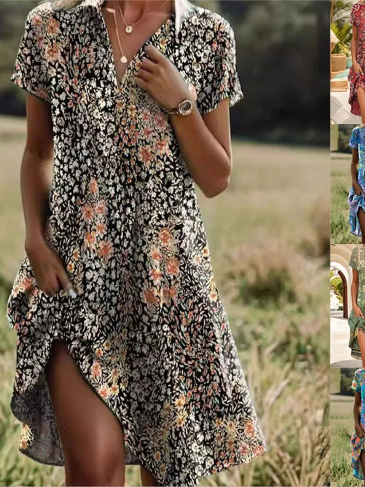 Carla™ | Stilfuld V-hals Knaplukket Blomstret Kjole - Freya Kobenhavn