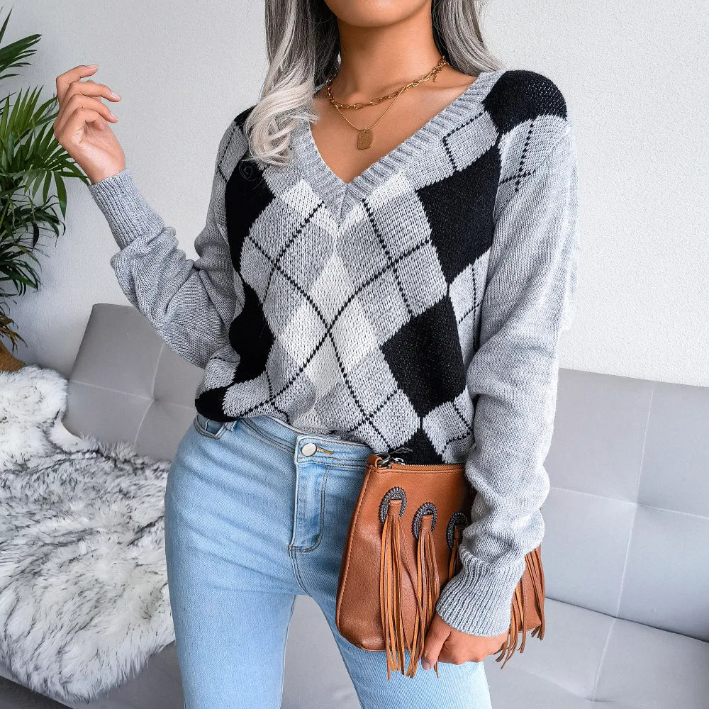 Susanne | Dame V-Hals Sweater Med Argyle Mønster - Freya Kobenhavn
