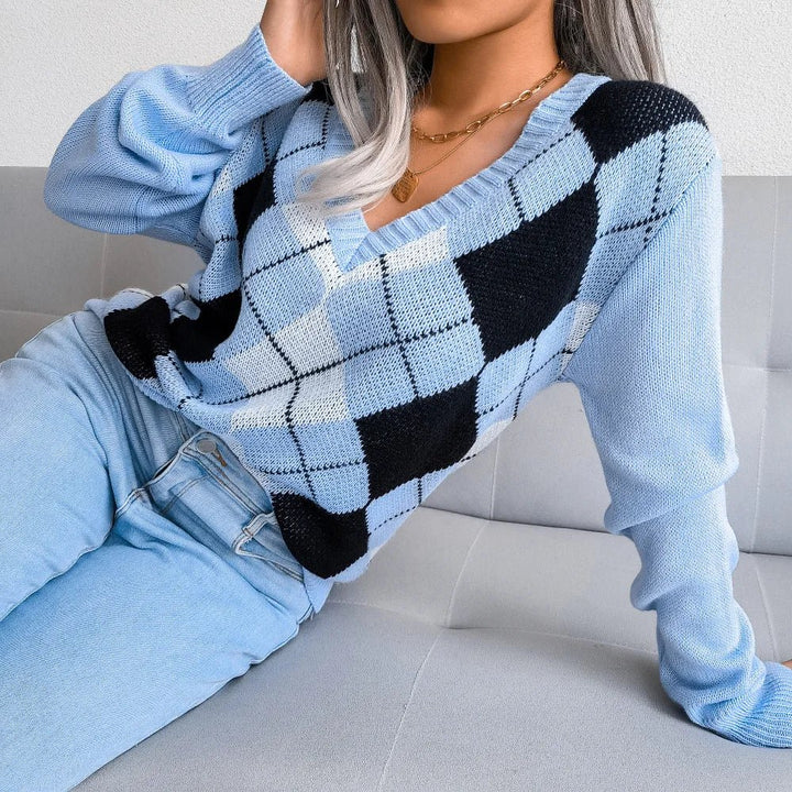 Susanne | Dame V-Hals Sweater Med Argyle Mønster - Freya Kobenhavn