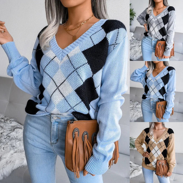 Susanne | Dame V-Hals Sweater Med Argyle Mønster - Freya Kobenhavn