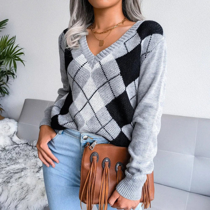 Susanne | Dame V-Hals Sweater Med Argyle Mønster - Freya Kobenhavn