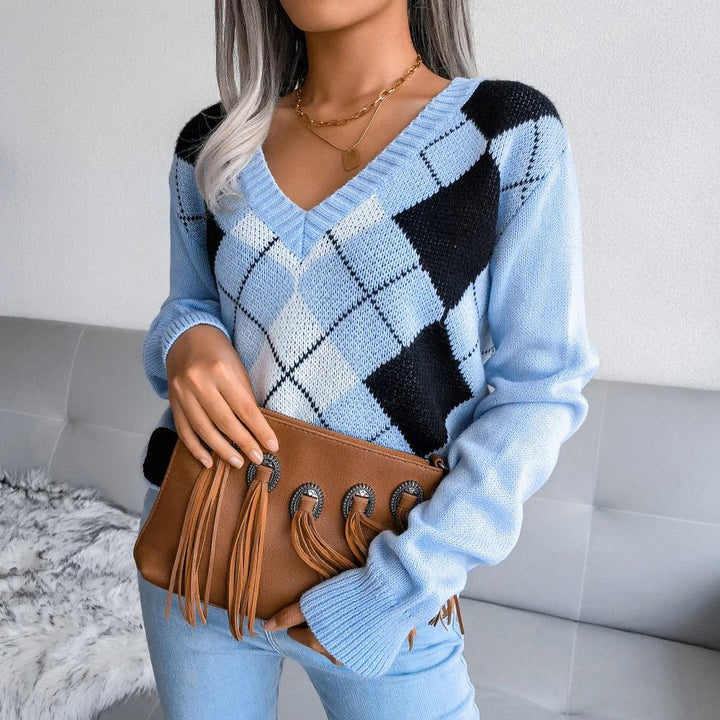 Susanne | Dame V-Hals Sweater Med Argyle Mønster - Freya Kobenhavn