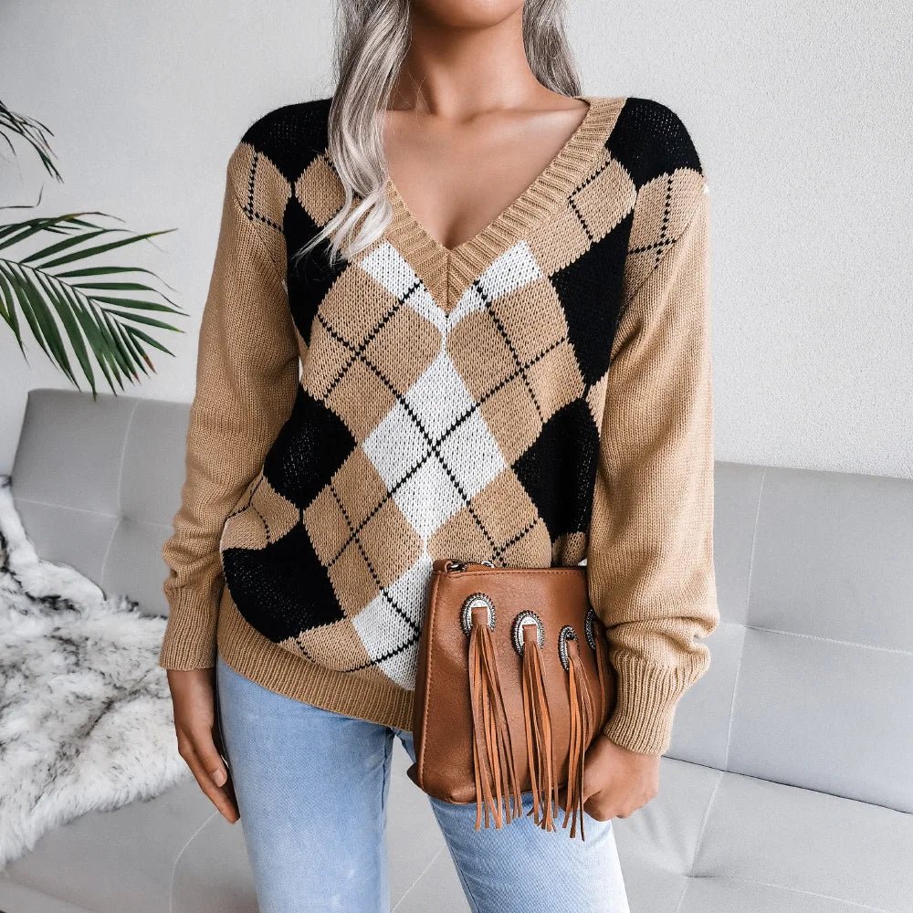 Susanne | Dame V-Hals Sweater Med Argyle Mønster - Freya Kobenhavn