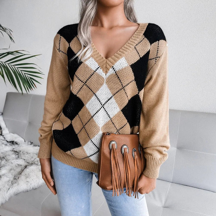 Susanne | Dame V-Hals Sweater Med Argyle Mønster - Freya Kobenhavn