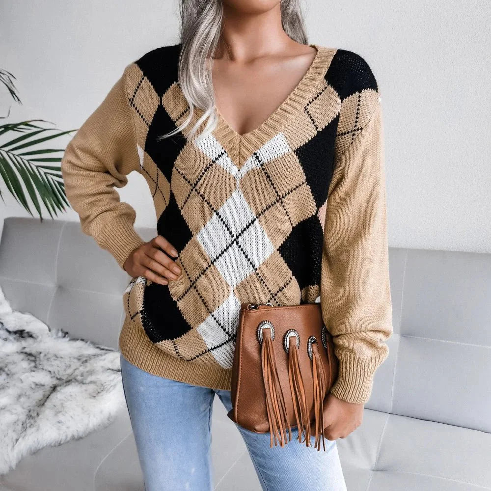 Susanne | Dame V-Hals Sweater Med Argyle Mønster - Freya Kobenhavn
