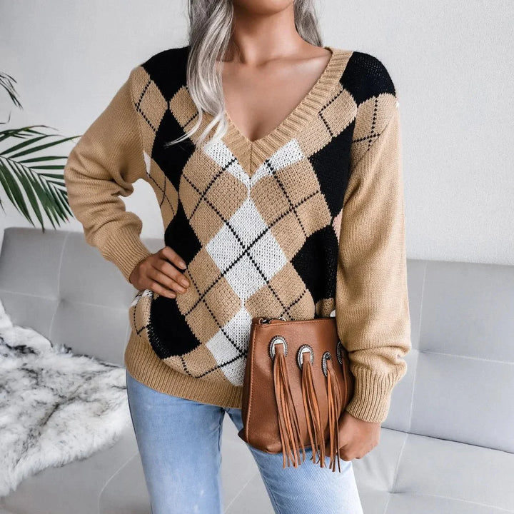 Susanne | Dame V-Hals Sweater Med Argyle Mønster - Freya Kobenhavn