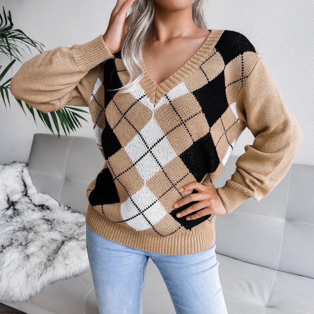 Susanne | Dame V-Hals Sweater Med Argyle Mønster - Freya Kobenhavn