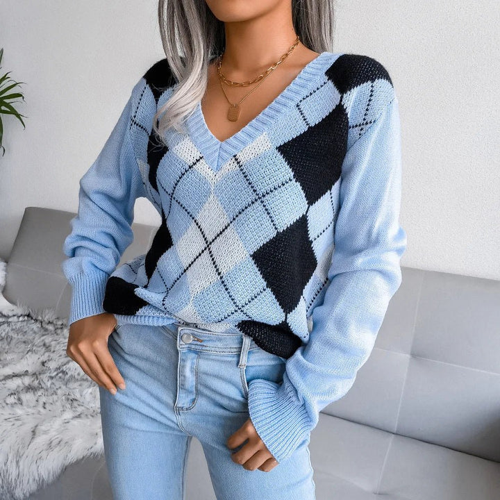 Susanne | Dame V-Hals Sweater Med Argyle Mønster - Freya Kobenhavn