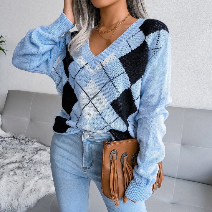 Susanne | Dame V-Hals Sweater Med Argyle Mønster - Freya Kobenhavn