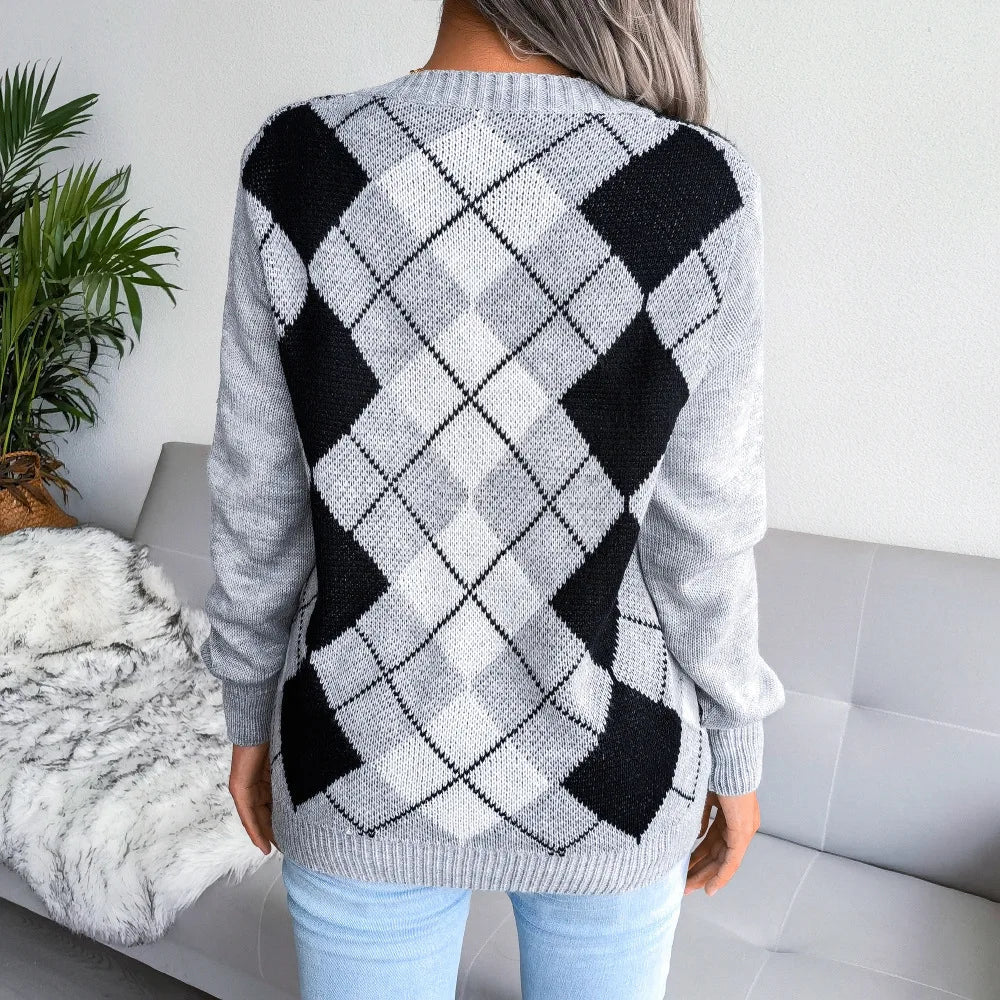 Susanne | Dame V-Hals Sweater Med Argyle Mønster - Freya Kobenhavn
