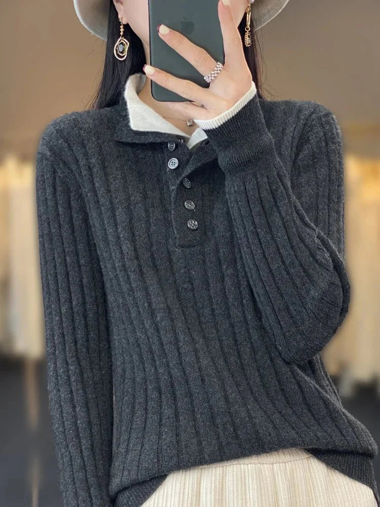 Emilie | Vinter ribstrikket sweater med knapkrave til kvinder - Freya Kobenhavn