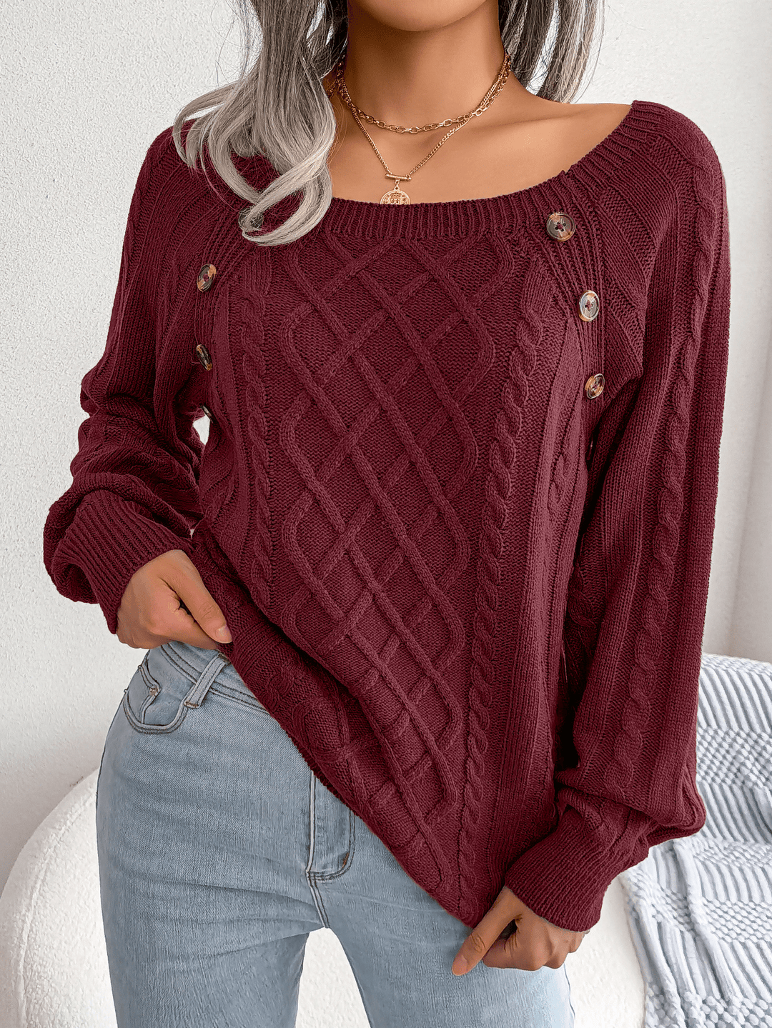 Sandra | Dame Kabelstrik Sweater Med Knapdetaljer - Freya Kobenhavn