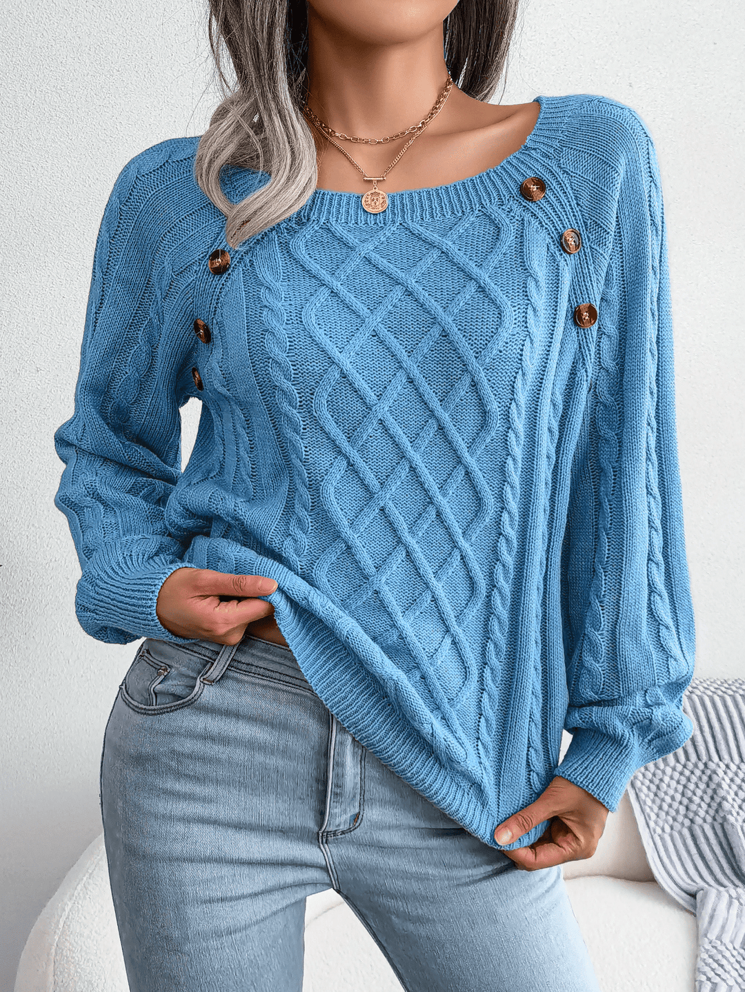 Sandra | Dame Kabelstrik Sweater Med Knapdetaljer - Freya Kobenhavn