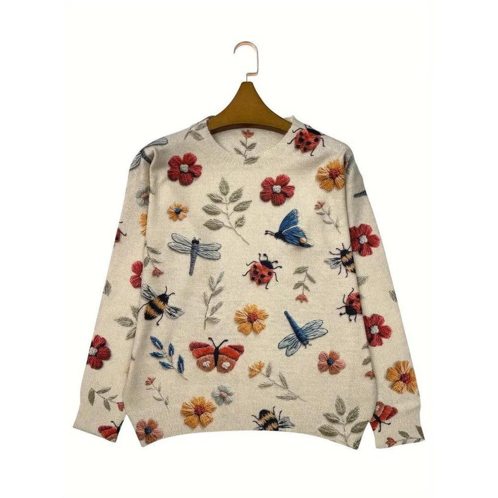 Birthe | Dames casual sweater med blomster- og insektmotiv - Freya Kobenhavn