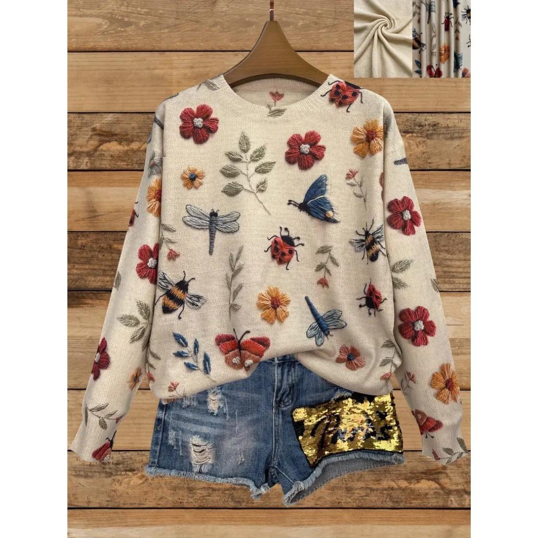 Birthe | Dames casual sweater med blomster- og insektmotiv - Freya Kobenhavn