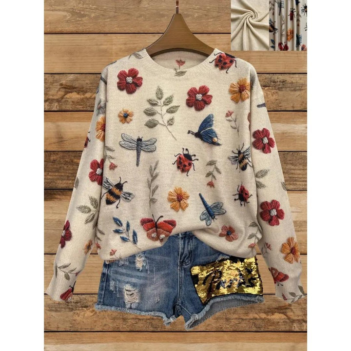 Birthe | Dames casual sweater med blomster- og insektmotiv - Freya Kobenhavn
