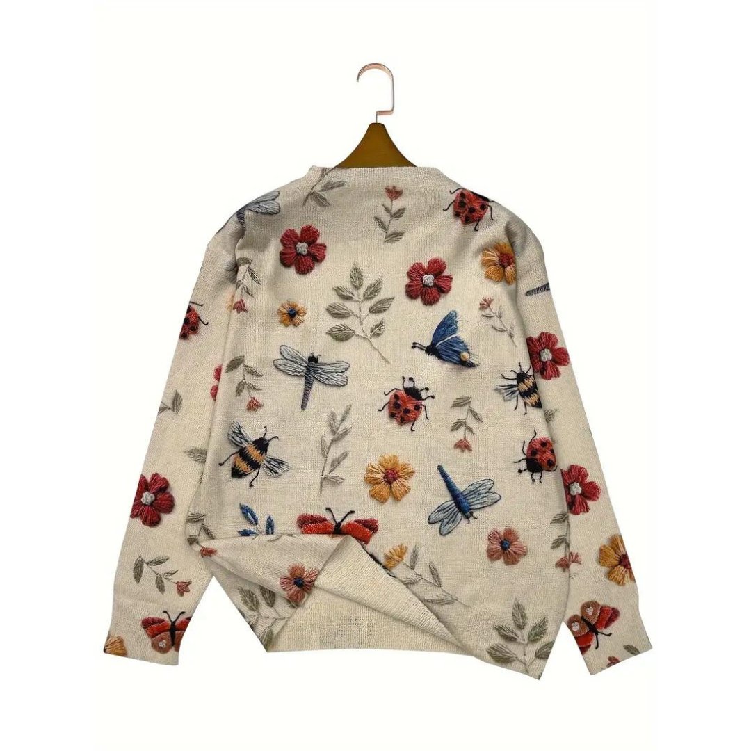 Birthe | Dames casual sweater med blomster- og insektmotiv - Freya Kobenhavn