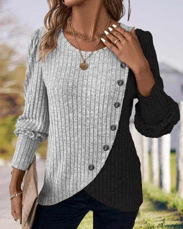 Eva | Afslappet tofarvet strikket sweater med knapper til kvinder - Freya Kobenhavn