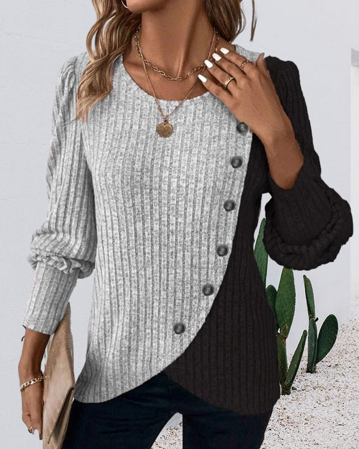 Eva | Afslappet tofarvet strikket sweater med knapper til kvinder - Freya Kobenhavn