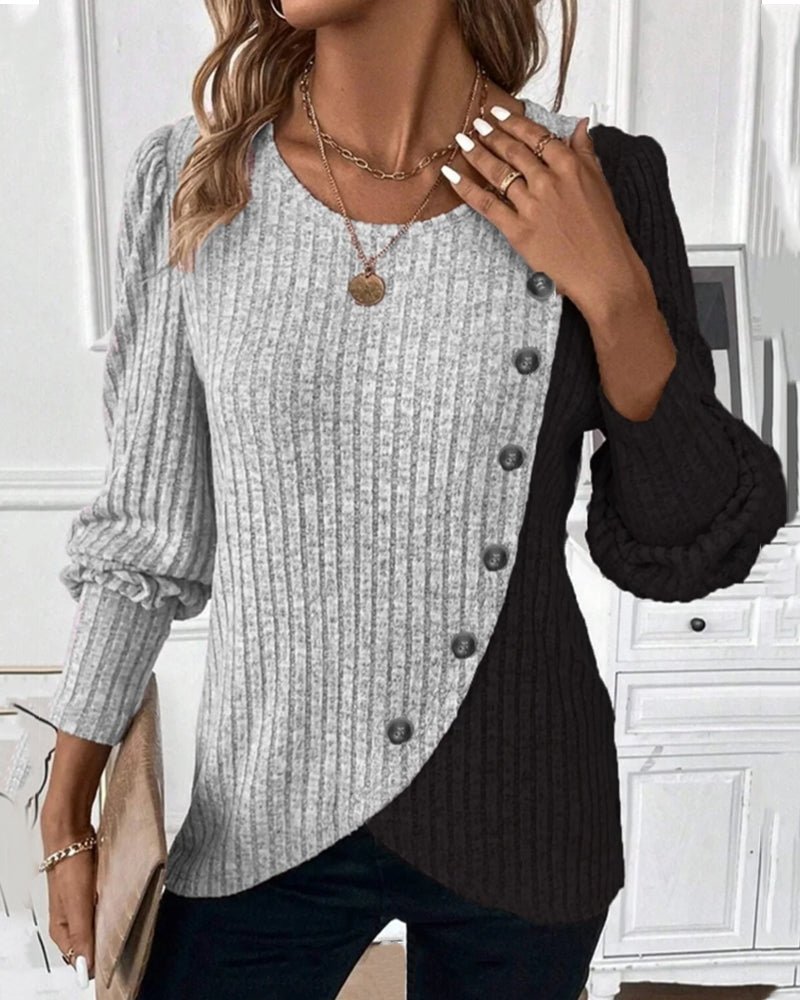 Eva | Afslappet tofarvet strikket sweater med knapper til kvinder - Freya Kobenhavn