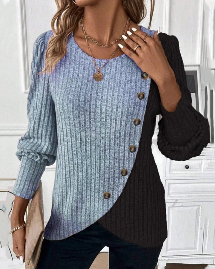 Eva | Afslappet tofarvet strikket sweater med knapper til kvinder - Freya Kobenhavn