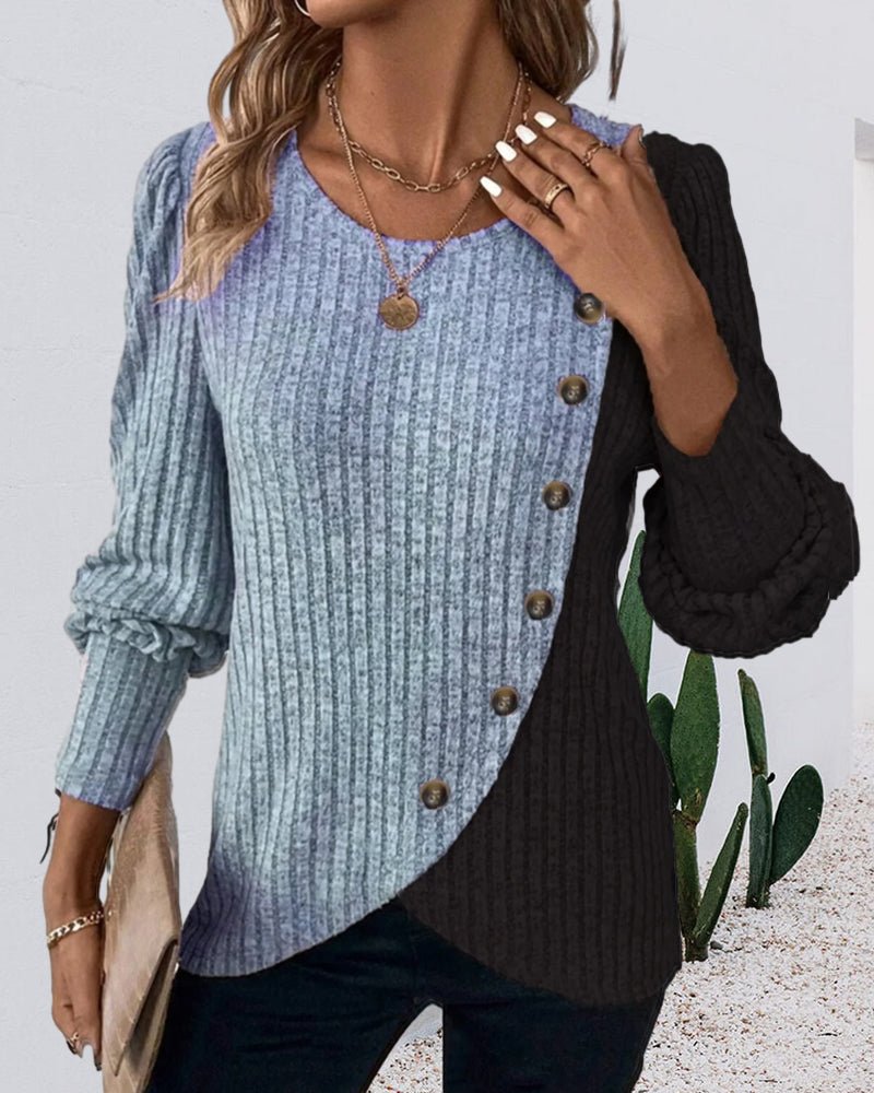 Eva | Afslappet tofarvet strikket sweater med knapper til kvinder - Freya Kobenhavn