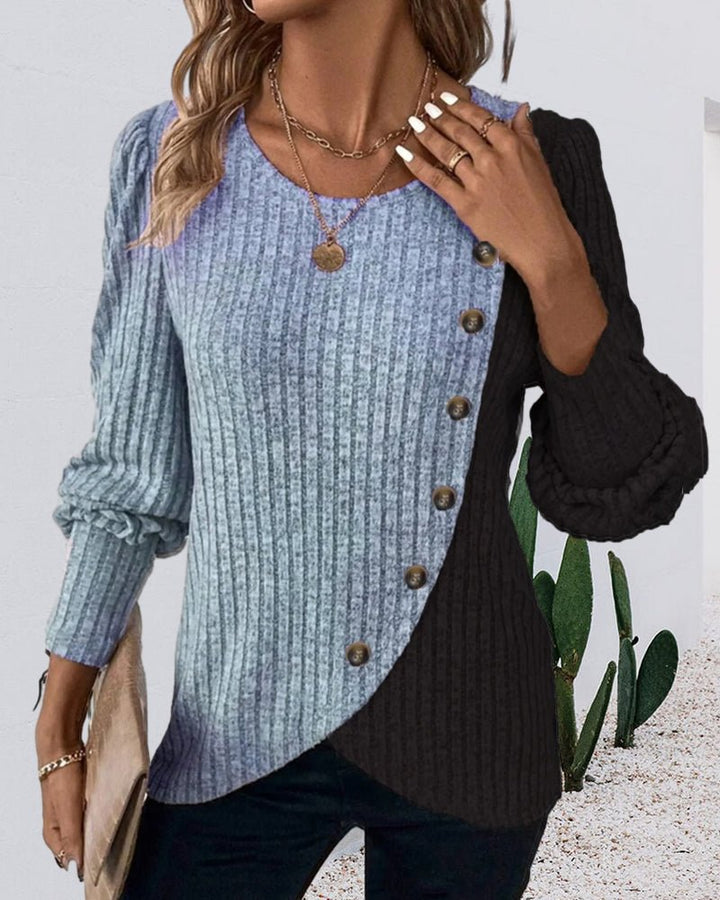 Eva | Afslappet tofarvet strikket sweater med knapper til kvinder - Freya Kobenhavn