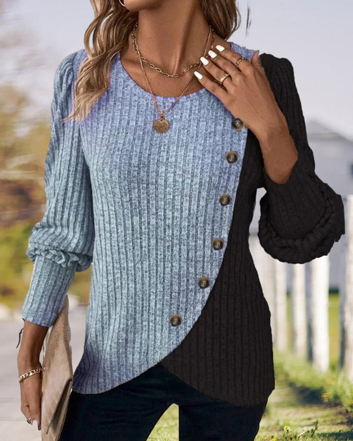 Eva | Afslappet tofarvet strikket sweater med knapper til kvinder - Freya Kobenhavn