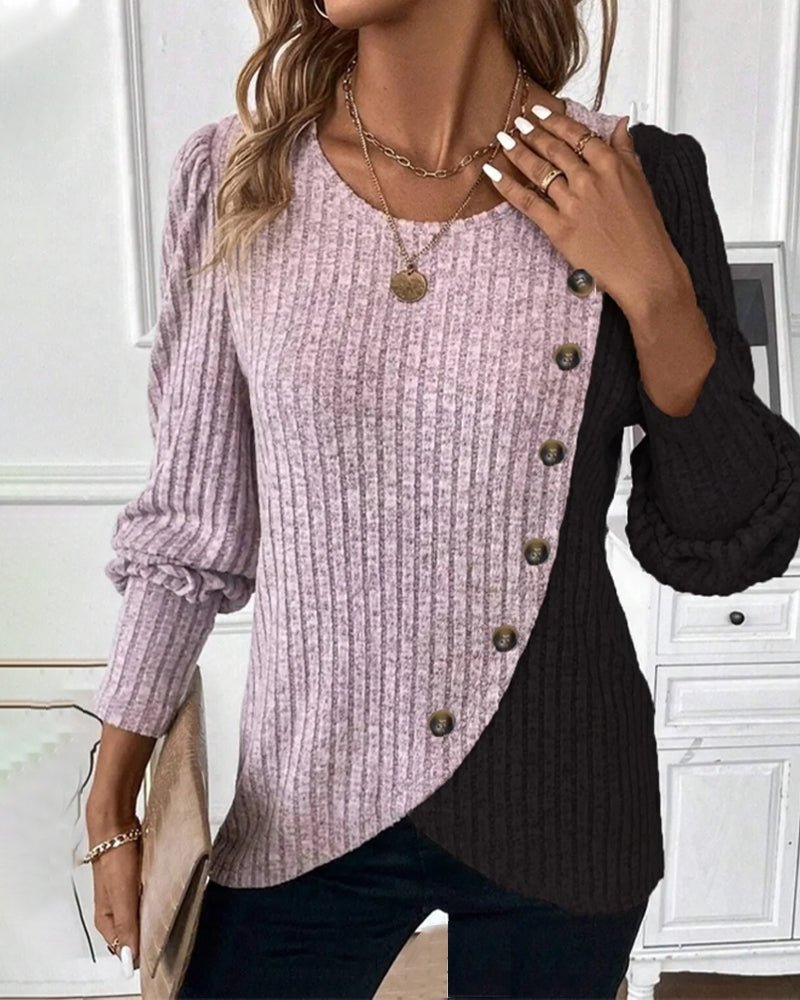 Eva | Afslappet tofarvet strikket sweater med knapper til kvinder - Freya Kobenhavn