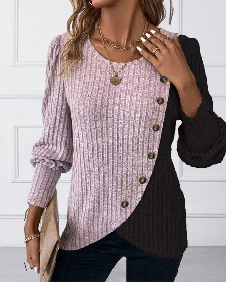 Eva | Afslappet tofarvet strikket sweater med knapper til kvinder - Freya Kobenhavn