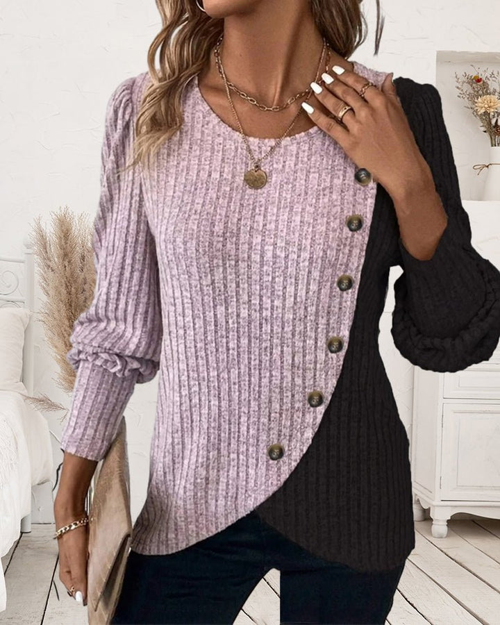 Eva | Afslappet tofarvet strikket sweater med knapper til kvinder - Freya Kobenhavn